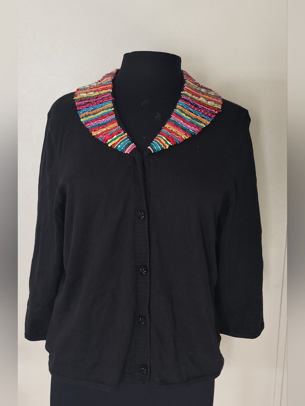 Michael Simon Black Button-Front Sweater with Multicolor Beaded Collar
